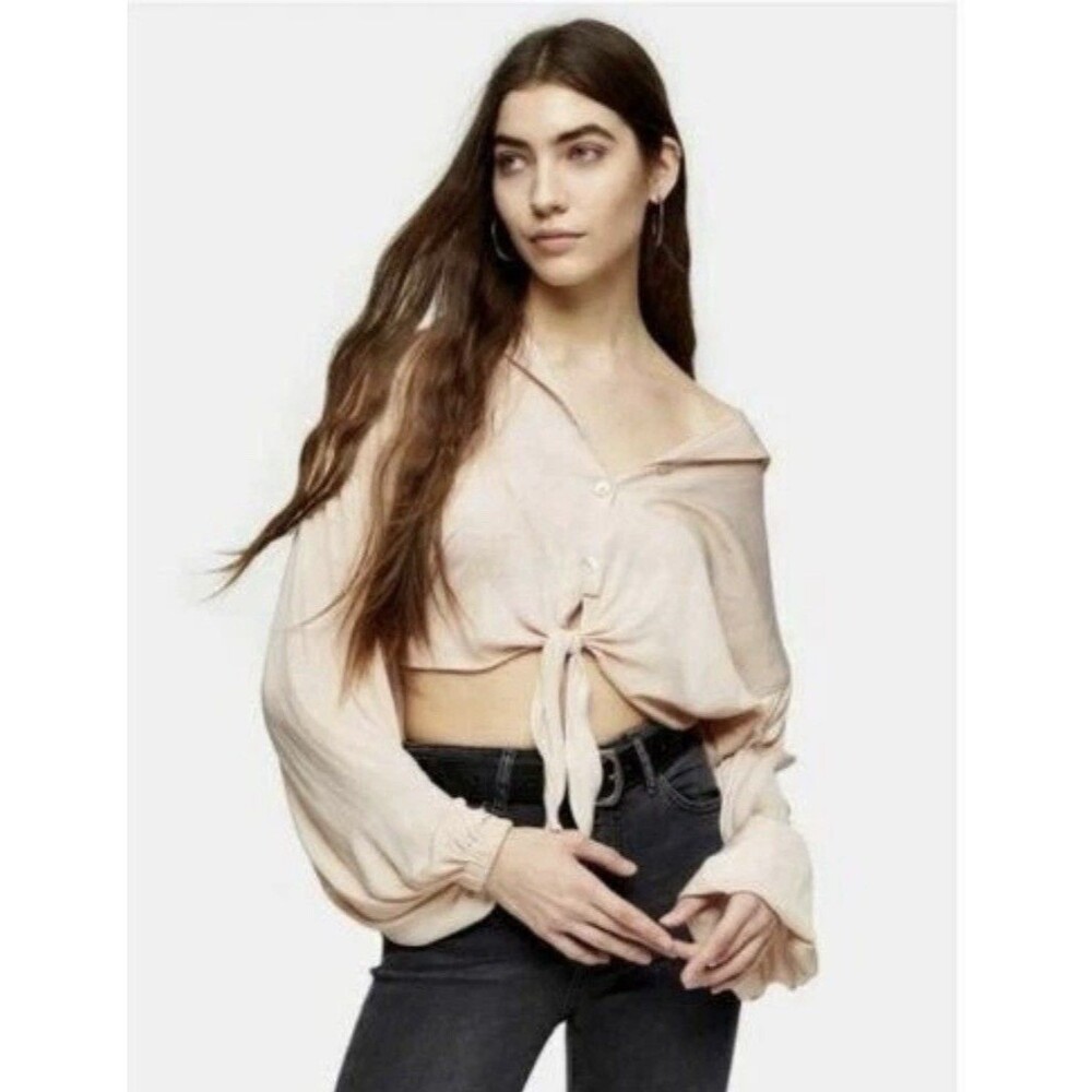 TOPSHOP Blouse Top Blush V Neck Shirt Button Down Front Tie Crop Top SZ 4